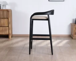 Meuble House Tabouret de bar noir design avec dosseret bois et assise rembourrée 