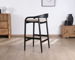 Meuble House Tabouret de bar noir design avec dosseret bois et assise rembourrée 
