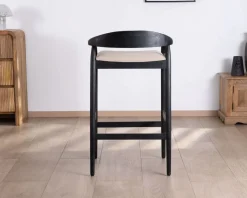 Meuble House Tabouret de bar noir design avec dosseret bois et assise rembourrée 