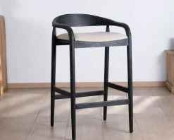 Meuble House Tabouret de bar noir design avec dosseret bois et assise rembourrée 