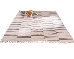 Meuble House Tapis rectangulaire blanc avec franges et rayures bleues "Ethnic" 120x180 cm Discount