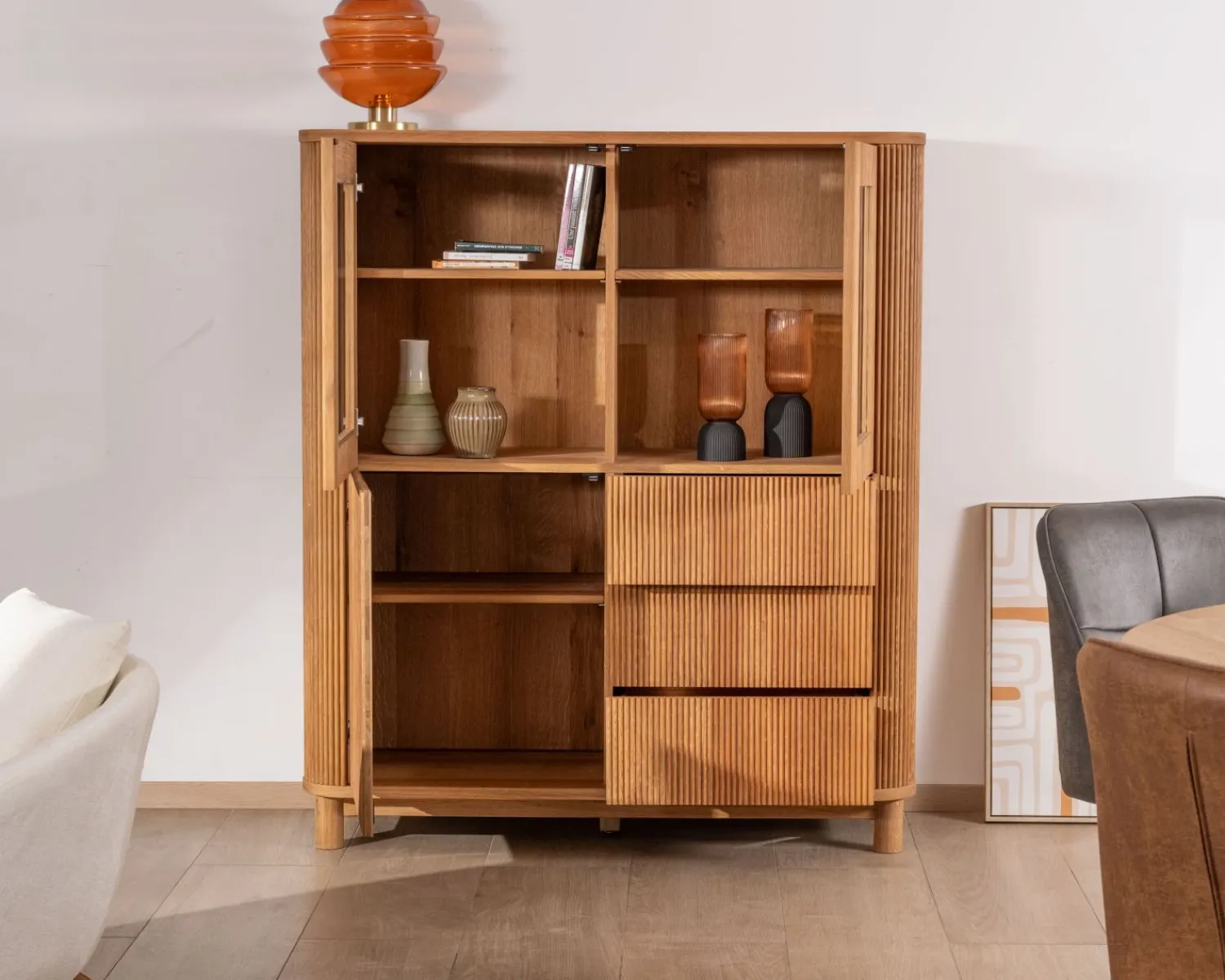 Meuble House Vaisselier avec façades cannelées style rétro en chêne huilé "Winton" Best
